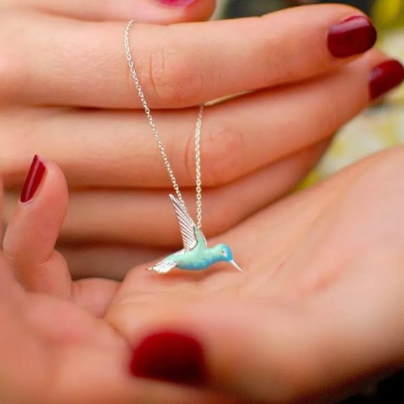 Dainty Silver Tone Blue Hummingbird Necklace - Picture 2 of 2